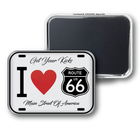 Fridge magnet with Route 66 design featuring a heart and text on a white background.
