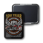 A rectangular black magnet with rounded corners shown front and back on a white background. The front features a vintage-style Route 66 motorcycle graphic with the text '100 Year America's Highway Route 66 The Mother Road Anniversary' and years 1926 and 2026.