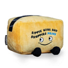 Plush toy resembling a cheese block with text and a smiley face on a white background