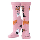 Pink socks with cat illustrations and text on a white background