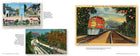 Collection of vintage-style train postcards with scenic views and a train on tracks.