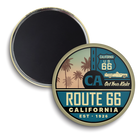 Round magnet with Route 66 California design featuring palm trees and classic car.