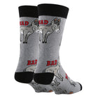 Gray socks with donkey design and 'BAD' text on a white background