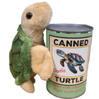 Plush turtle toy next to a can labeled 'Canned Turtle' with a humorous label