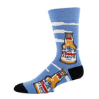 Blue sock with bottle graphic and text on a white background