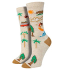 Beige socks with California-themed designs on a white background