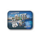 Route 66 commemorative tin with scenic images and text on a white background