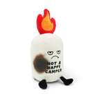 Plush toy resembling a marshmallow with flames and 'Not a Happy Camper' text on a white background