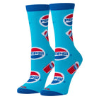 Pair of blue socks with Pepsi logo on a white background