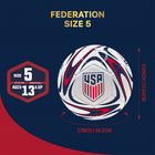Soccer ball with USA logo on a blue background, showing size 5 details.
