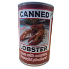 Canned lobster with a warning label on a white background