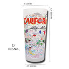 Colorful tumbler with California-themed design and measurements on a white background