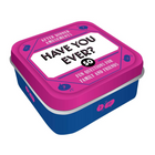Pink and blue container with 'Have You Ever?' question game on a white background