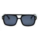 Black sunglasses with blue lenses on a white background