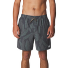 A man wearing dark gray swim trunks with a muted green tropical leaf pattern, shown from the waist to mid-thigh against a light gray studio background.