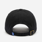 The back view of a black baseball cap with an adjustable strap and a small blue tag, shown on a plain white background.