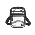 A clear, durable, crossbody bag with a woven jacquard strap and metal clasps, designed for versatility and style.