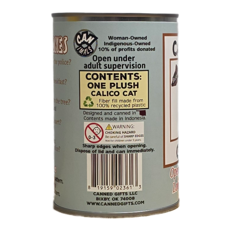 Canned Calico Cat | Stuffed Animal Cat Plush Warning label