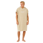 Man wearing a khaki hooded towel with a brand logo on a white background