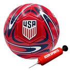 Red, white, and blue soccer ball with USA logo and Icon Sports pump on a white background