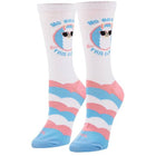 Pair of socks with cartoon character and text on a white background