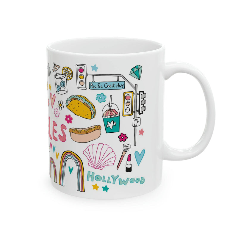 White mug with colorful illustrations and text on a white background