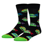 Black socks with green turtle character pattern on a white background
