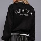 Los Angeles Long Sleeve Embroidery Detail Faux Suede Black Varsity Jacket Back