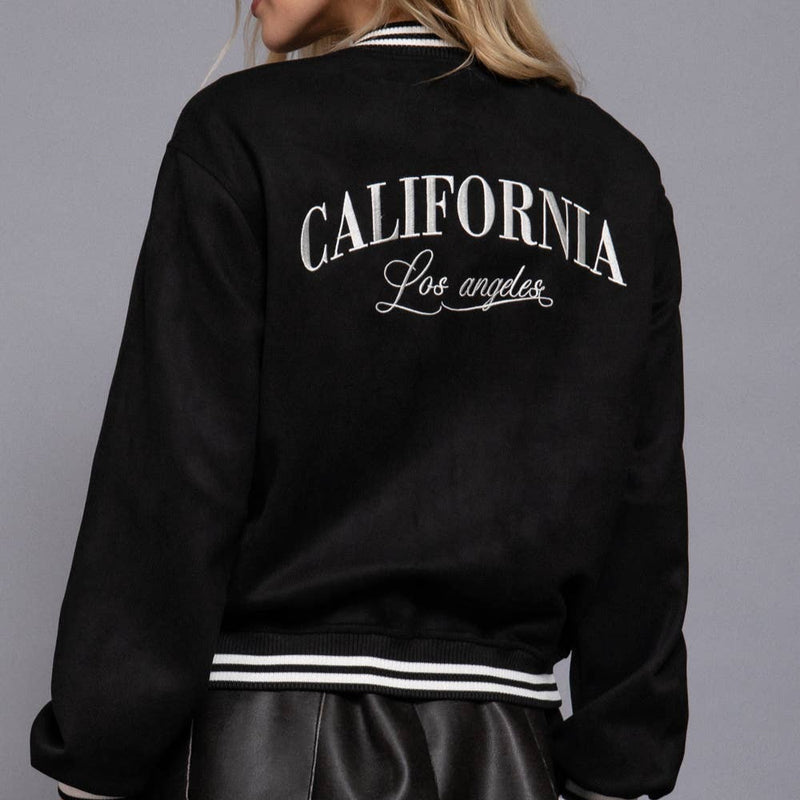 Los Angeles Long Sleeve Embroidery Detail Faux Suede Black Varsity Jacket Back