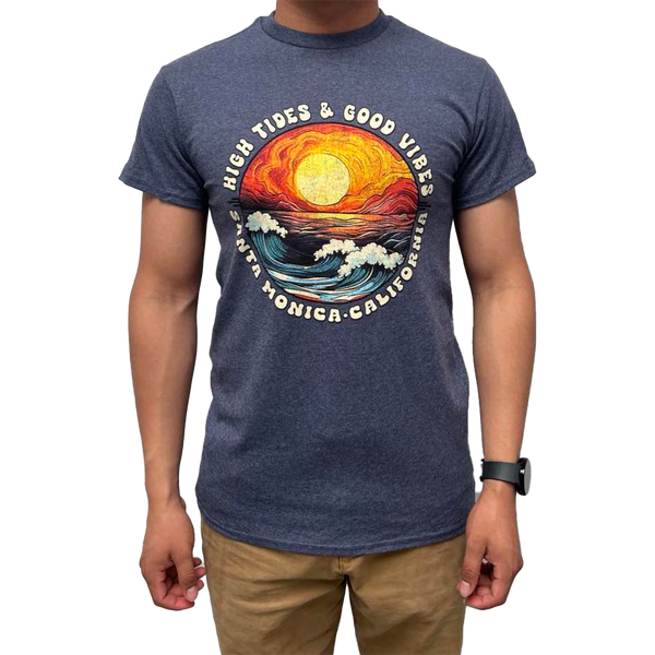 Santa Monica California Graphic Wave Scene Tee - Denim Heather (Front)