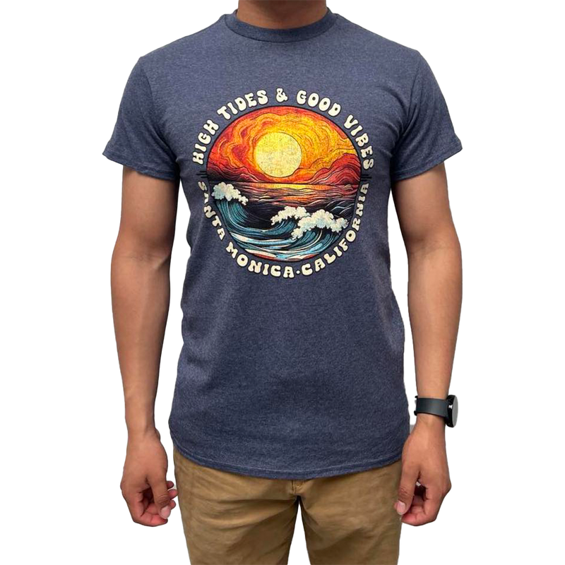 Santa Monica California Graphic Wave Scene Tee - Denim Heather (Front)