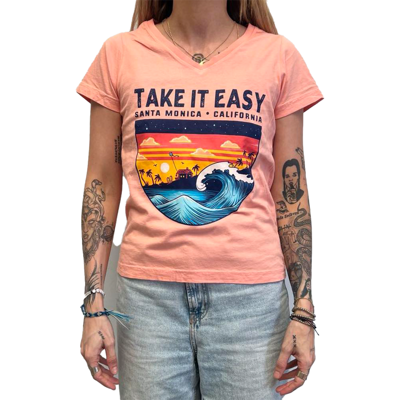 Santa Monica Take It Easy Beach Wave Badge Women's Tee (Front)