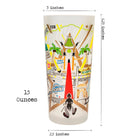 Tumbler with colorful design and measurements on a white background