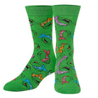 Green socks with cartoon character faces on a white background