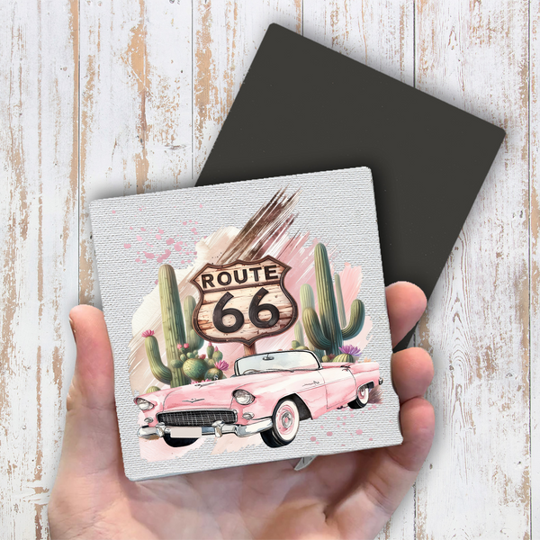 Route 66 Pink Vintage Car Magnet Fridge