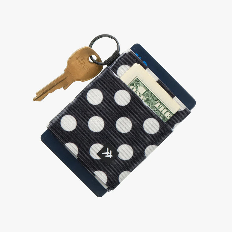 Black polka dot wallet with a key and dollar bill on a white background