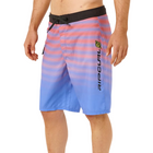 Blue and pink striped shorts with a Rip Curl logo on a white background