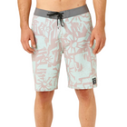 Light blue and pink patterned shorts with a gray waistband on a white background