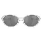 Oval sunglasses with a glossy silver frame and dark gray lenses, shown from a front-facing perspective on a light gray background with a soft reflection below.