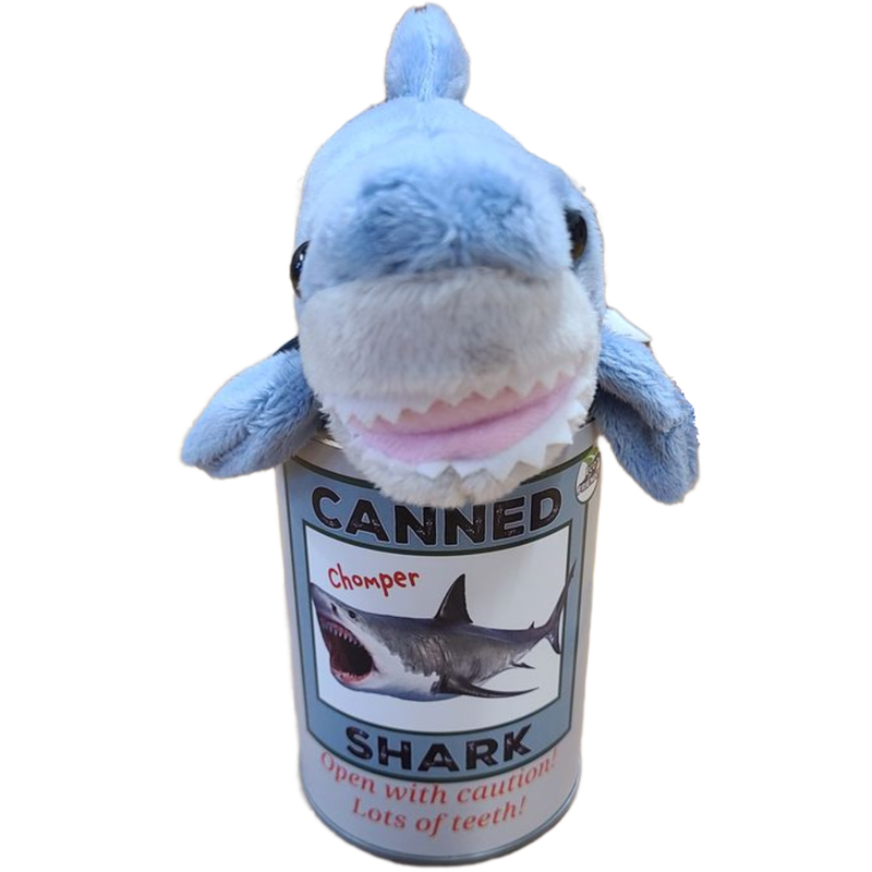 Plush shark toy on top of a can labeled 'Canned Shark' on a white background