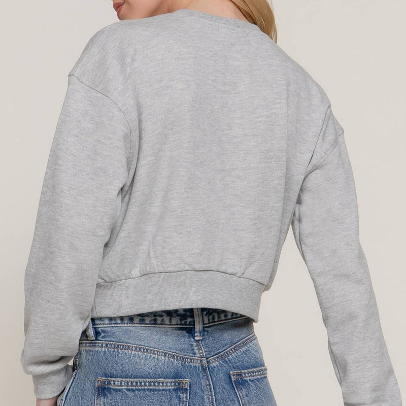 Active Basic Long Dolman Sleeve Crew Neck Embroidery Crop Sweatshirt - Grey Back