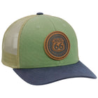 Route 66 Canvas Vegan Oiled Leather Trucker Hat - Green/Navy/Khaki Front