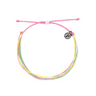 Multicolored braided bracelet with a logo charm on a white background