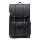 Black checkered backpack with black straps on a white background