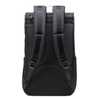 Black backpack with plaid pattern on straps against a white background