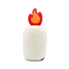 White plush toy with a red flame-like top on a white background