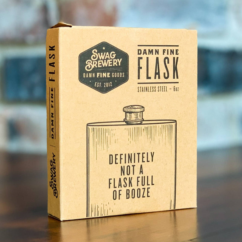 Cardboard box packaging for a flask with 'Swag Brewery' branding.