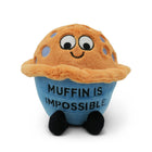 Plush toy resembling a muffin with text 'Muffin is Impossible' on a white background