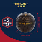 Black soccer ball with U.S. Soccer Federation branding on a blue background