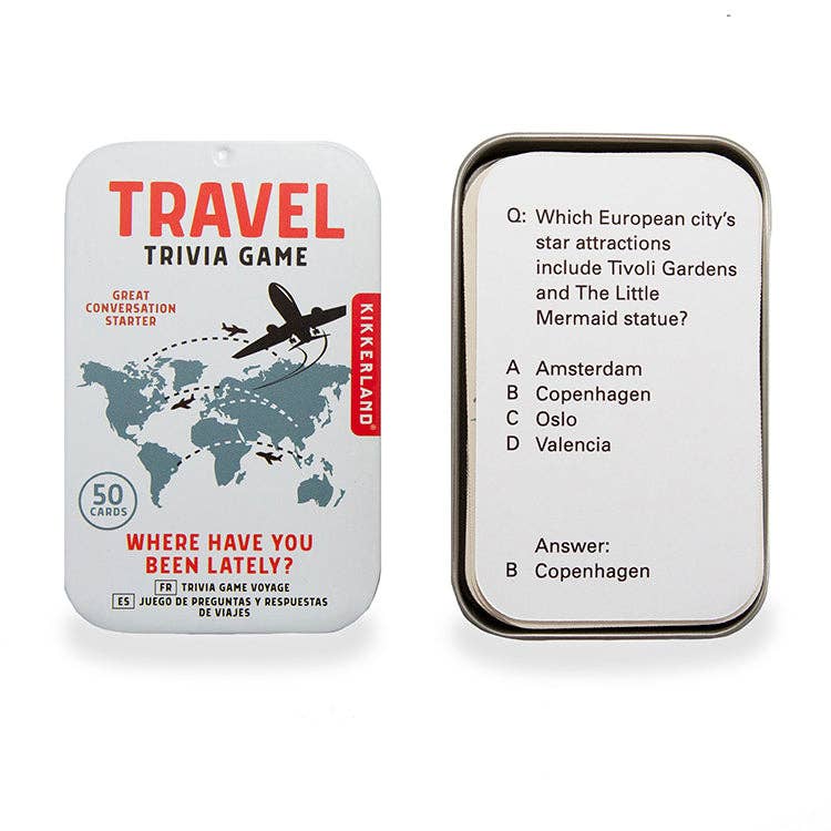 Travel trivia game packaging with world map and question card on white background